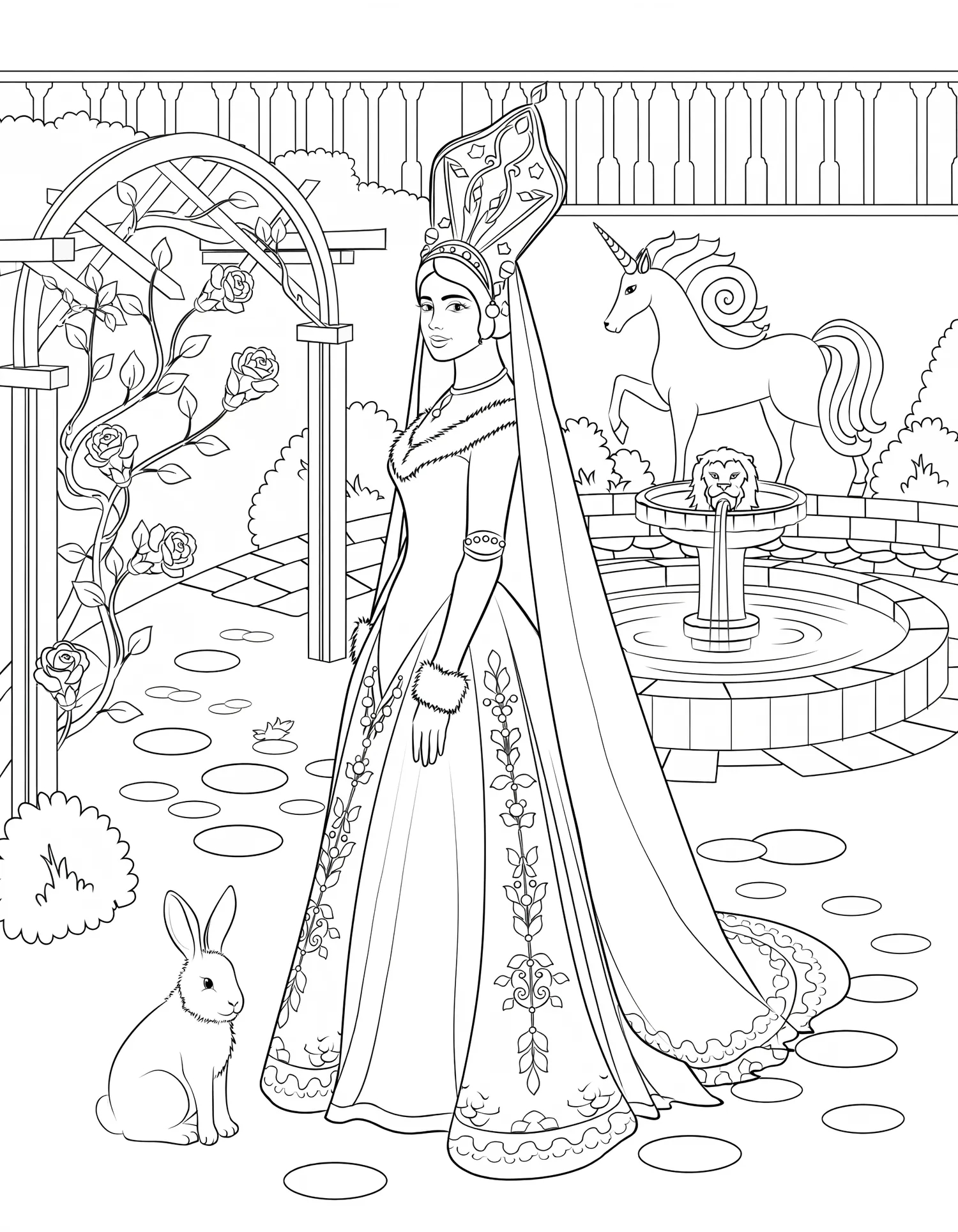 Princesse Médiévale au Jardin — Coloriage vintage à imprimer gratuitement